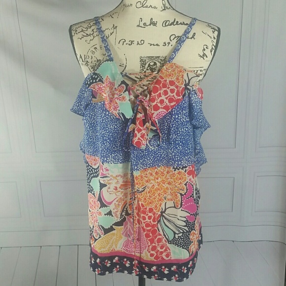 NY Collection Mixed-Print Lace-Up Tank Top - Picture 5 of 7